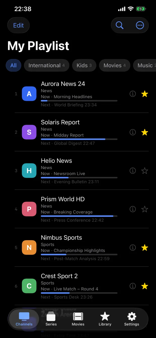 The channel list, each row showing what is on now and what is next.