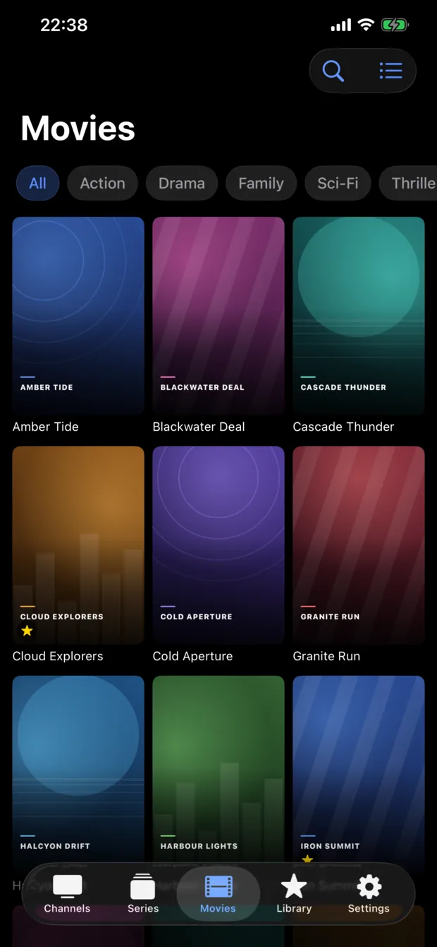 The film grid, with poster art and genre filters.