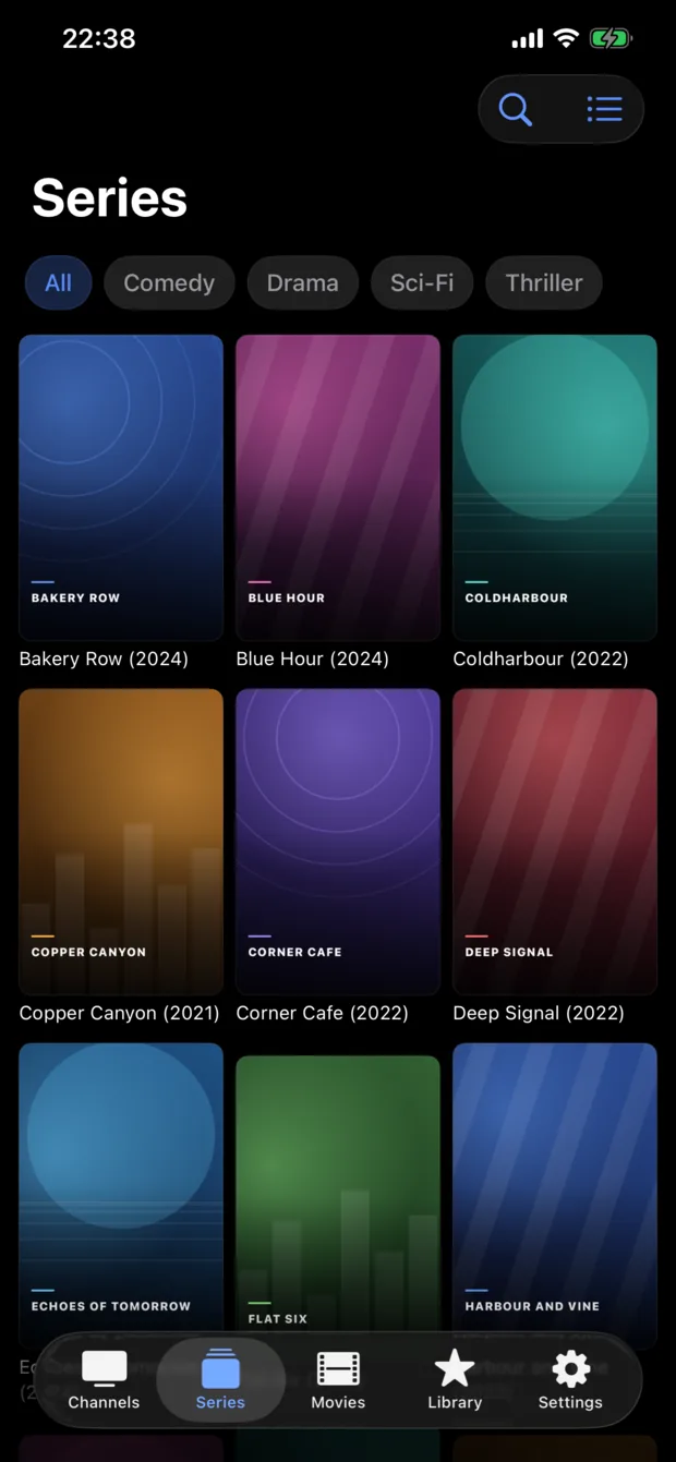 The series grid, with cover art for each show.